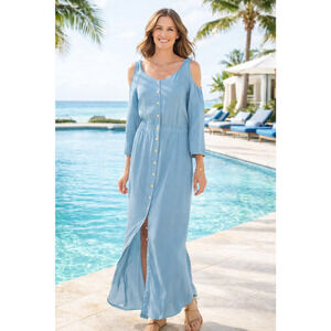 NWOT Soft Surroundings Tencel High Low Maxi Dress Size XL Button Front Pockets